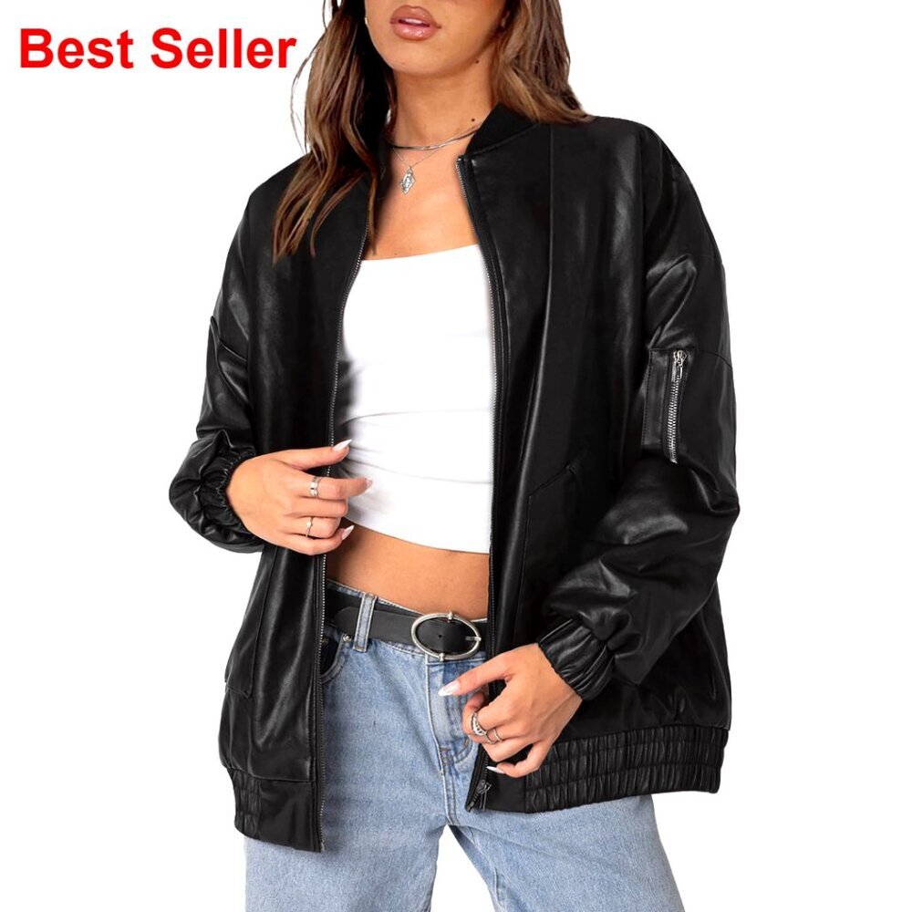 Faux Leather Jacket Women Oversized Motorcycle Bomber Zip Up